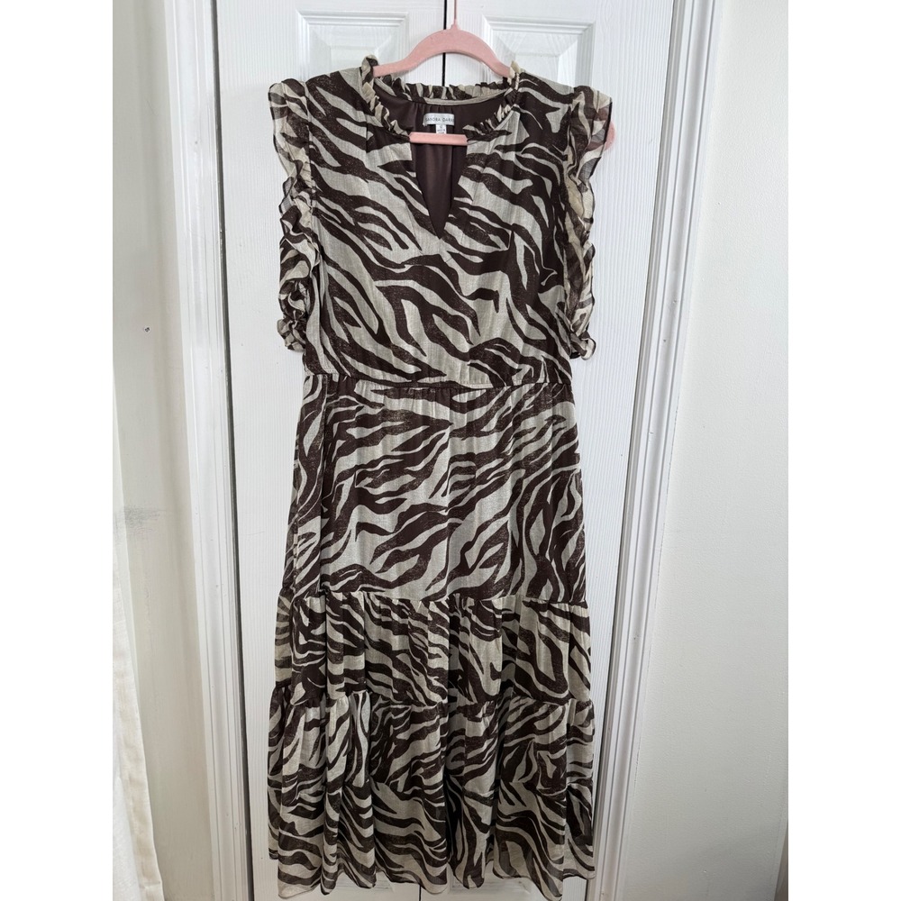 Sandra Darren Zebra Tiered Midi‎ Dress 12 Brown Ruffle Boho Safari Chic